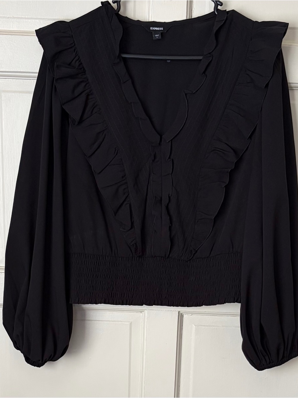 Express Black Ruffled V-Neck Smocked-Waist Blouse - Picture 8 of 9